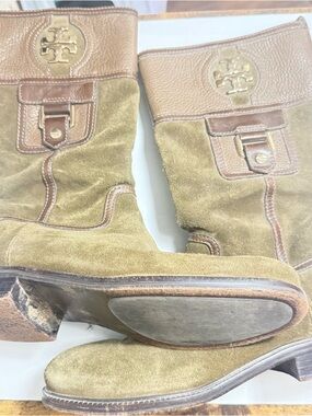 Tory Burch Olive Suede Mid-Calf Boots with Tan Leather Trim and Gold Logo